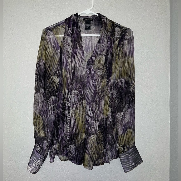 Doncaster Silk Sheer Feather Blue Green Long Sleeve Button Down Shirt - Picture 1 of 7